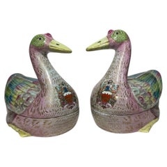 Pr, Chinese Export-Style Famille Rose Armorial Porcelain Duck-Form Tureens