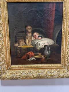 Continental School Interior Scene of a Sleeping Child and Watchful Dog, 19th C