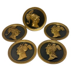 Set 5, 19th Century French Neoclassical Gilt Bronze Warrior Medallion Tiebacks