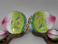 Pair, Qing Dynasty Chinese Canton Enamel 'Peach' Cups And Saucers