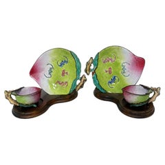 Pair, Qing Dynasty Chinese Canton Enamel 'Peach' Cups And Saucers