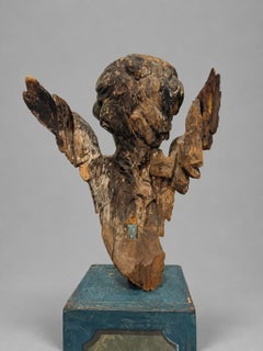 19th Century, Italian Giltwood Winged Cherub Fragment On Faux Marbleized Base