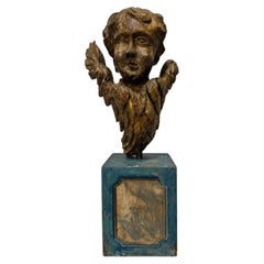 19th Century, Italian Giltwood Winged Cherub Fragment On Faux Marbleized Base