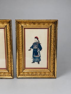 Pair Chinese Qing Court Costume Lithographs in Elaborate Gilt Frames, c. 1900