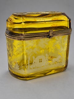 Bohemian Amber Etched Glass Coach Scenic Jewelry Casket, circa 1880