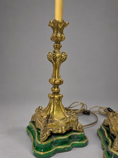 Pair of Antique Continental Gilt-Metal Grape-Vine & Faux Malachite Table Lamps
