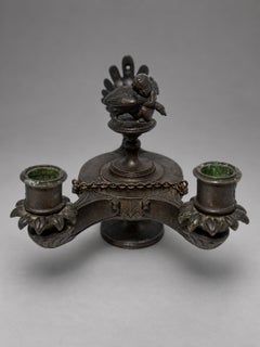 Pair of Grand Tour Bronze Two-Light Candlesticks in Roman Oil-Lamp Form