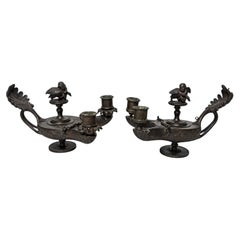 Pair of Grand Tour Bronze Two-Light Candlesticks in Roman Oil-Lamp Form