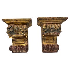 Pair of 19th Century, Baroque Style Carved Giltwood and Polychrome Wall Brackets