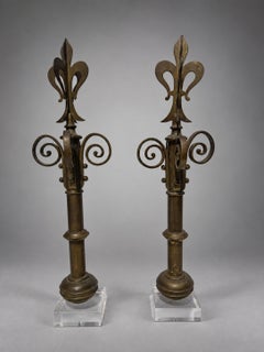 Pair of 19th C, French Brass Fleur-de-Lis Gate Post Finials on Lucite Bases
