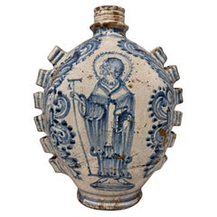 17th-Century Sicilian Blue-and-White Majolica Pilgrim Flask, Caltagirone