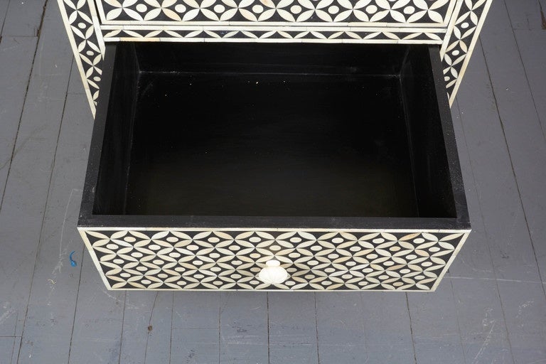 Indian Black and White Bone Inlay Chest of Drawers, Geometric design.