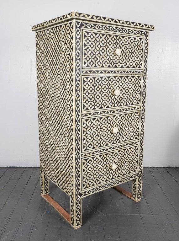20th Century Indian Black and White Bone Inlay Chest of Drawers For Sale