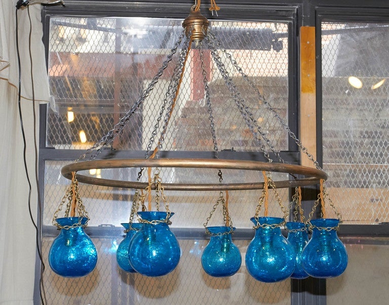 Egyptian handblown glass globe chandelier, small nile blue globes apx 4.5