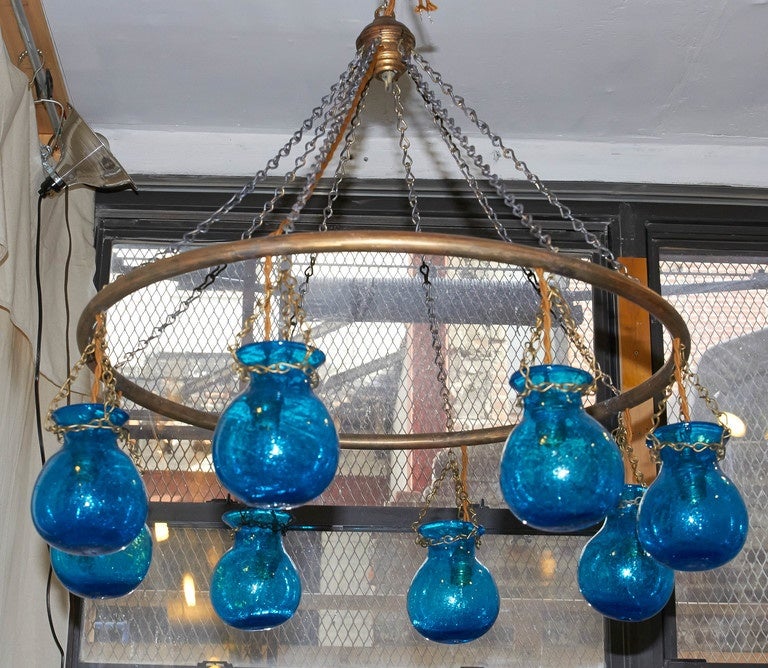 Egyptian Handblown Small Nile Blue Glass Globe Chandelier In Good Condition In New York, NY