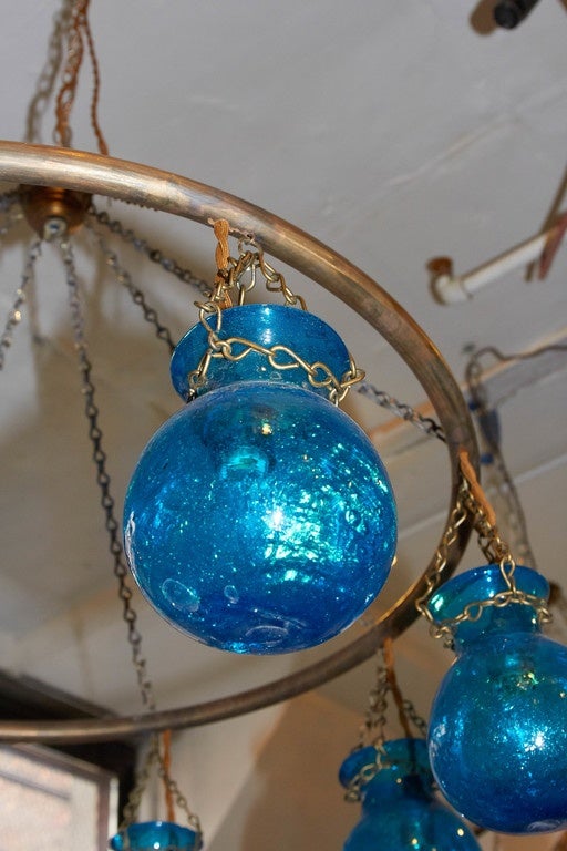 Contemporary Egyptian Handblown Small Nile Blue Glass Globe Chandelier
