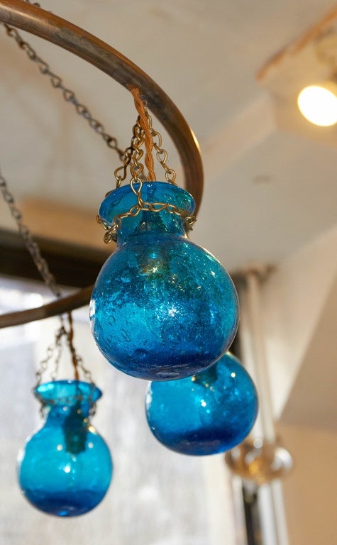 Egyptian Handblown Small Nile Blue Glass Globe Chandelier 1