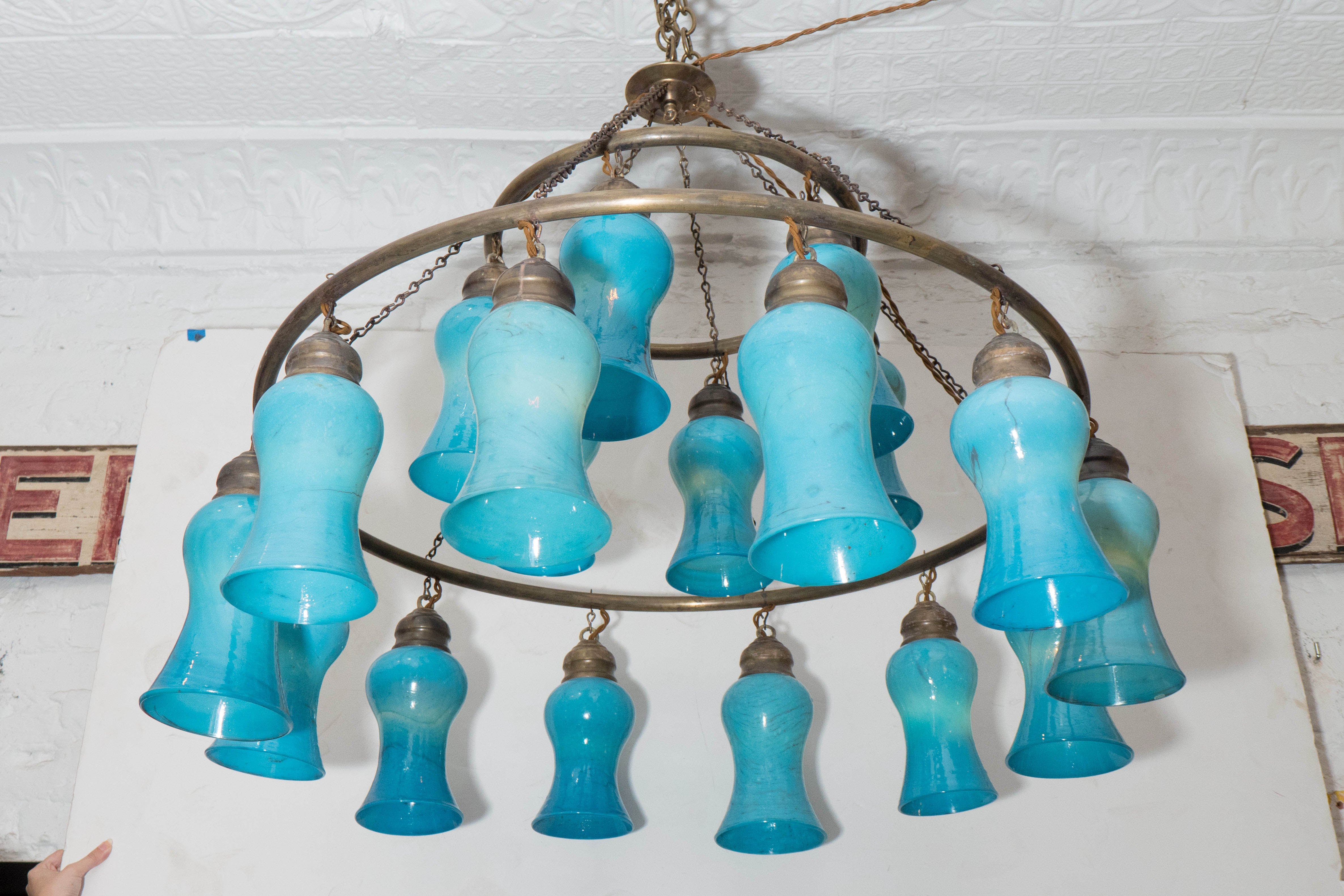 Egyptian Handblown Chandelier with Turquoise Bell-Shaped Glass For Sale