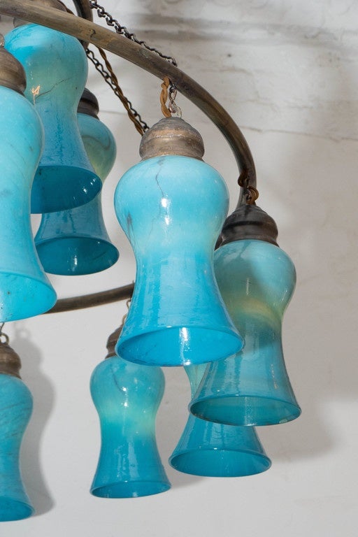 Egyptian Handblown Chandelier with Turquoise Bell-Shaped Glass In Good Condition For Sale In New York, NY