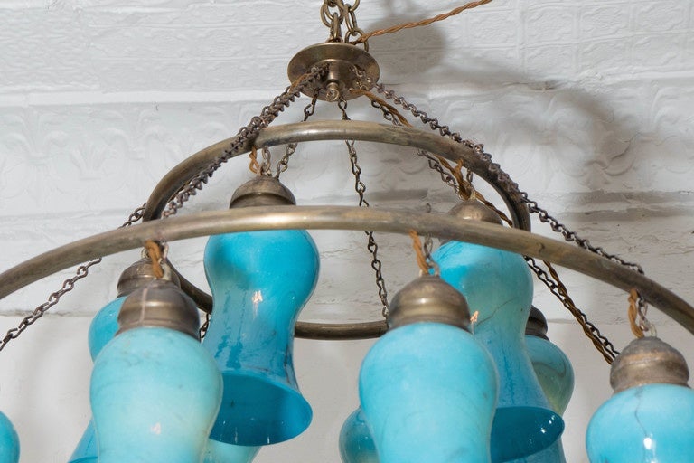 20th Century Egyptian Handblown Chandelier with Turquoise Bell-Shaped Glass For Sale