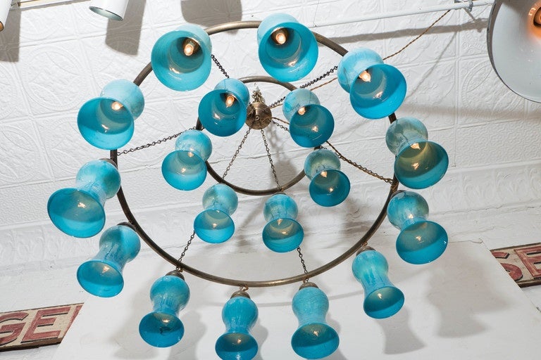 Egyptian Handblown Chandelier with Turquoise Bell-Shaped Glass For Sale 1