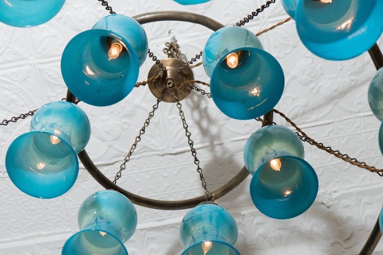 Egyptian Handblown Chandelier with Turquoise Bell-Shaped Glass For Sale 2