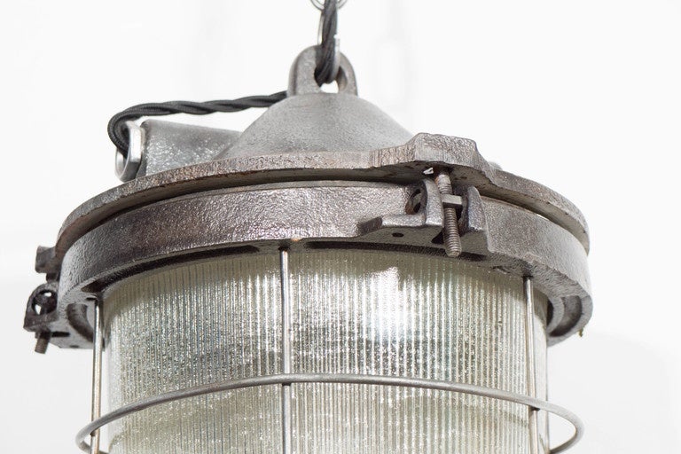 Cast Iron Cage Light with Ribbed Glass In Good Condition For Sale In New York, NY
