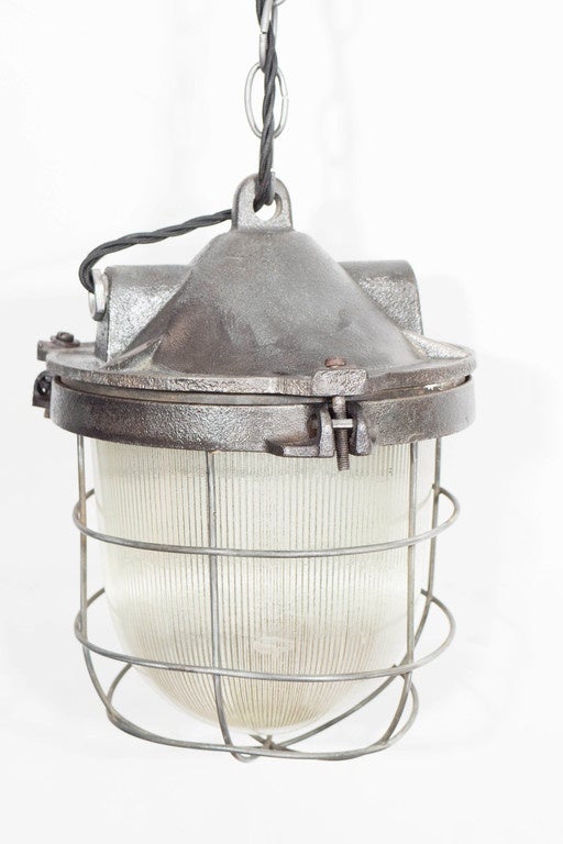 20th Century Cast Iron Cage Light with Ribbed Glass For Sale