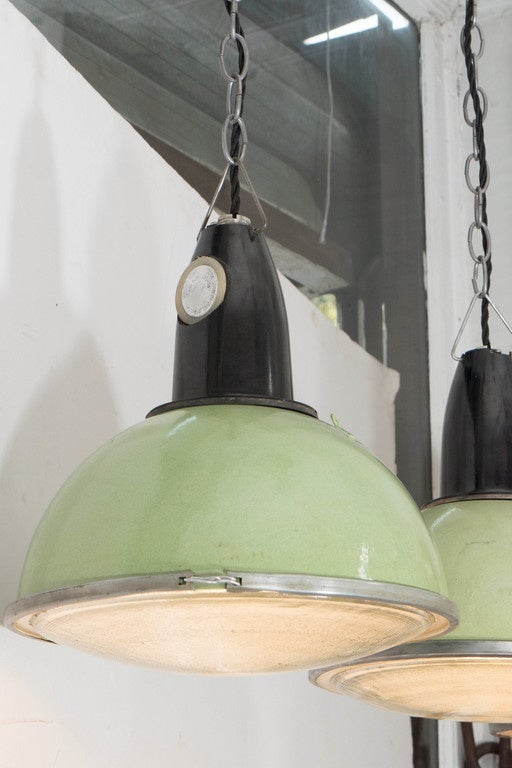 Green Enamel Pendant with Ribbed Glass Bottom and Bakelite Top