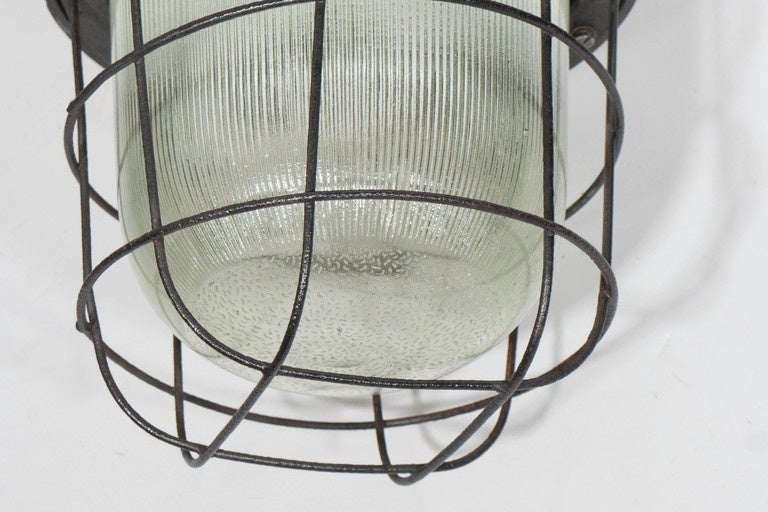 Polish Industrial Cage Light with Ribbed Glass For Sale