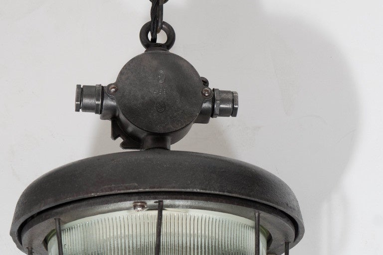 Industrial Cage Light with Ribbed Glass In Good Condition For Sale In New York, NY