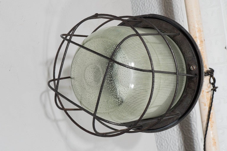 Industrial Cage Light with Ribbed Glass For Sale 1