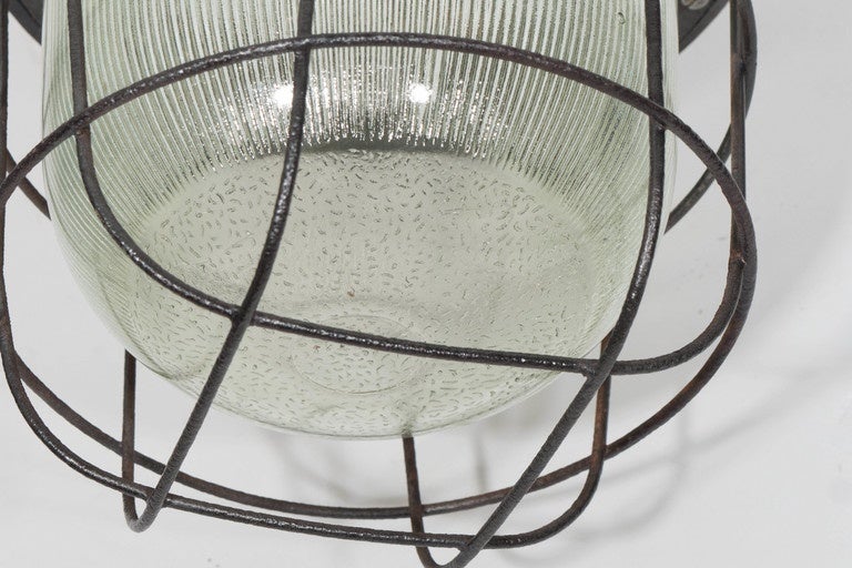 Industrial Cage Light with Ribbed Glass For Sale 2