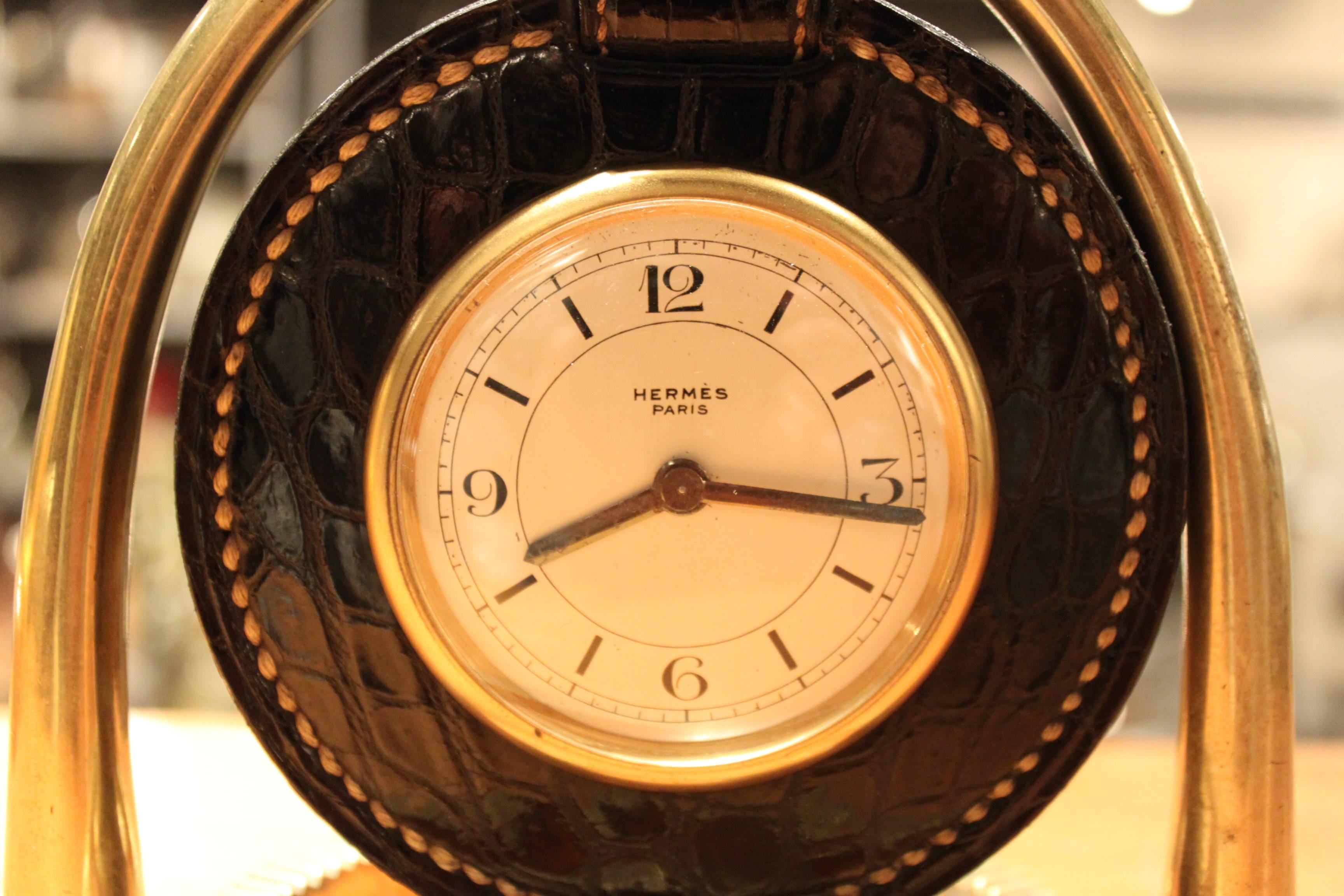 This Clock was designed in the 1940's by Paul Dupre Lafon for Hermes. To find this clock in Black crocodile is exceedingly rare. It has an 8 day movement, the condition of the croc is amazing, and the dial is gorgeous. 