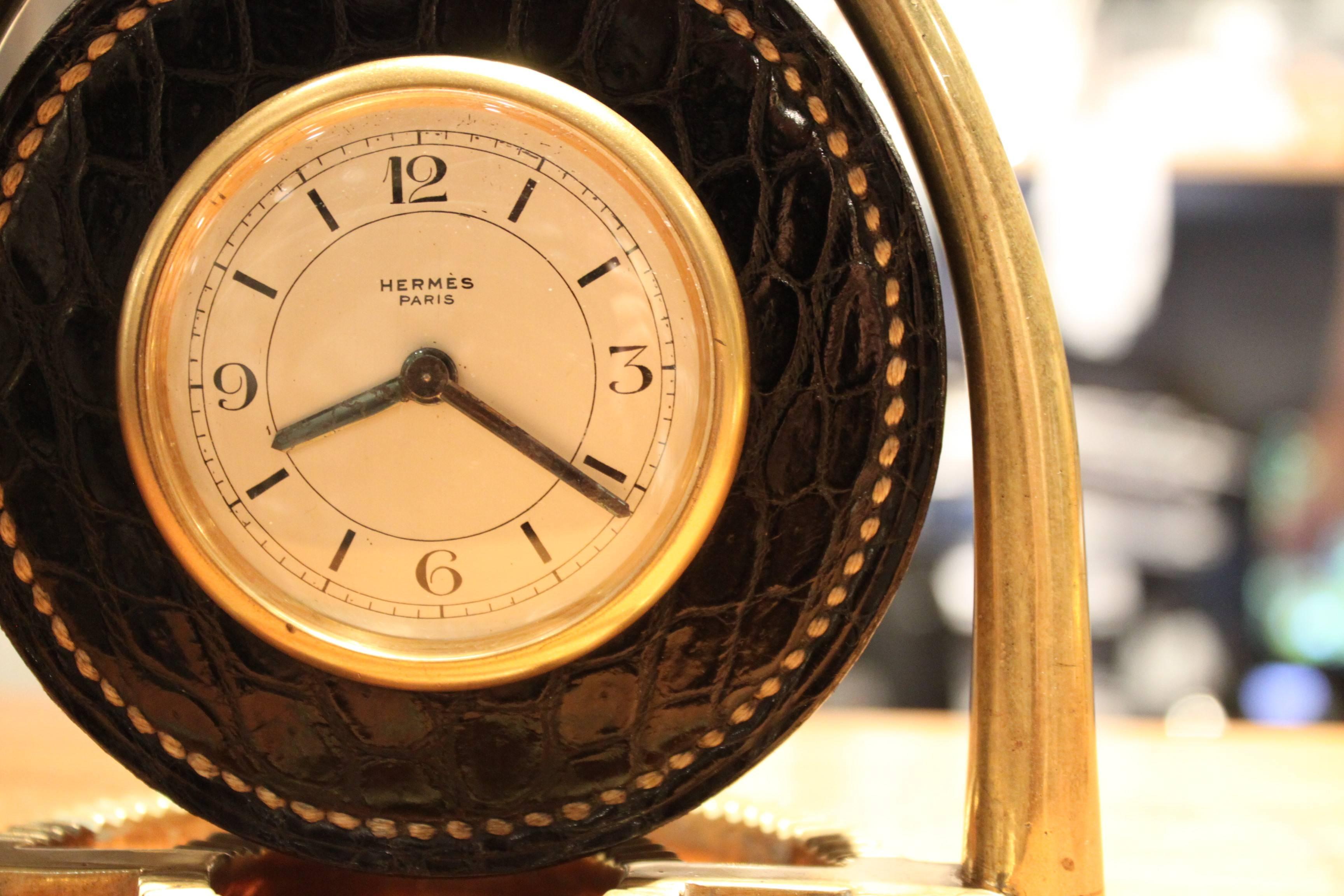 French Hermes Dupre Lafon Crocodile Clock For Sale