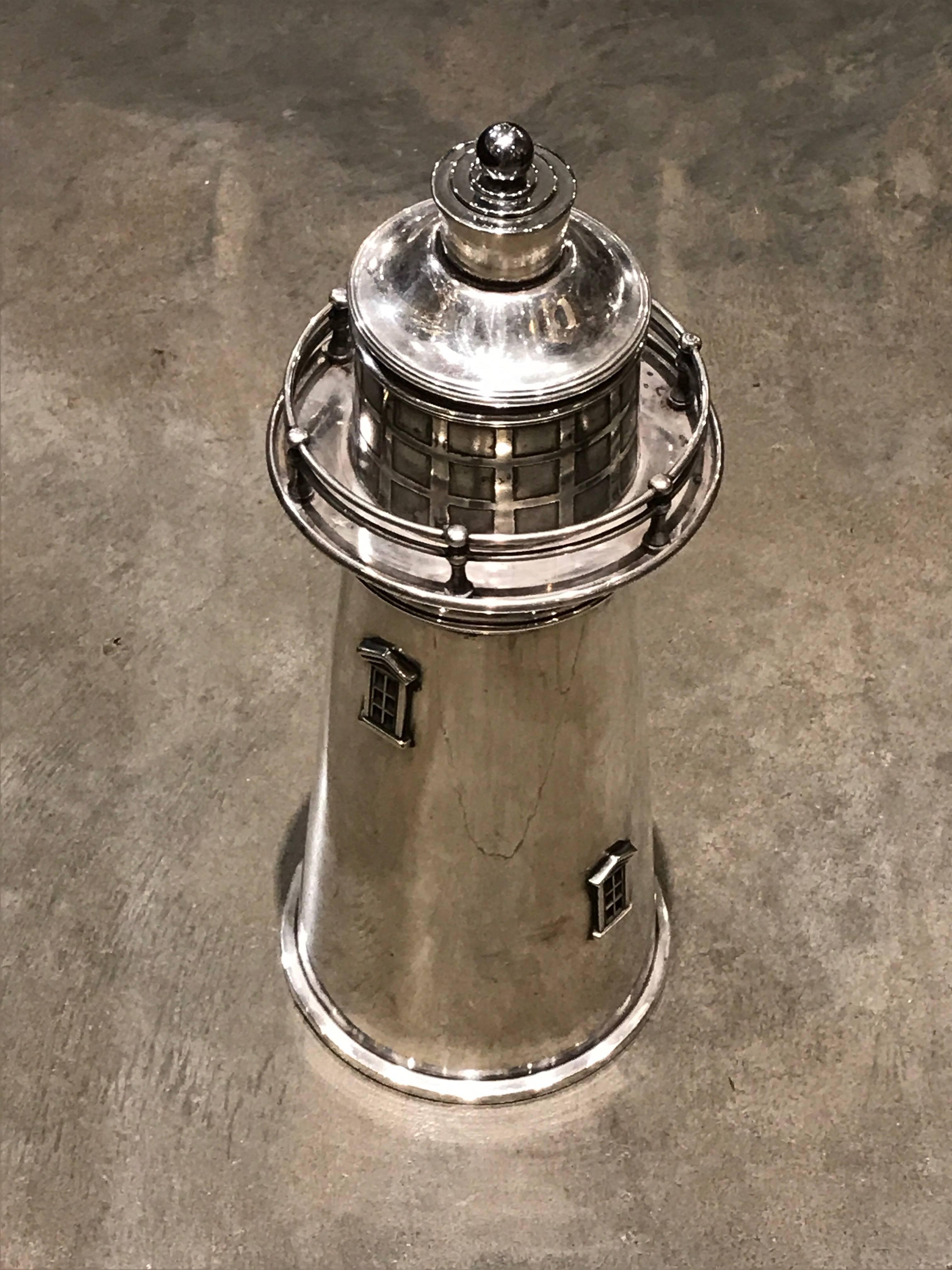 Silver Plate Lighthouse Cocktail Shaker by Meriden International Silver Co For Sale