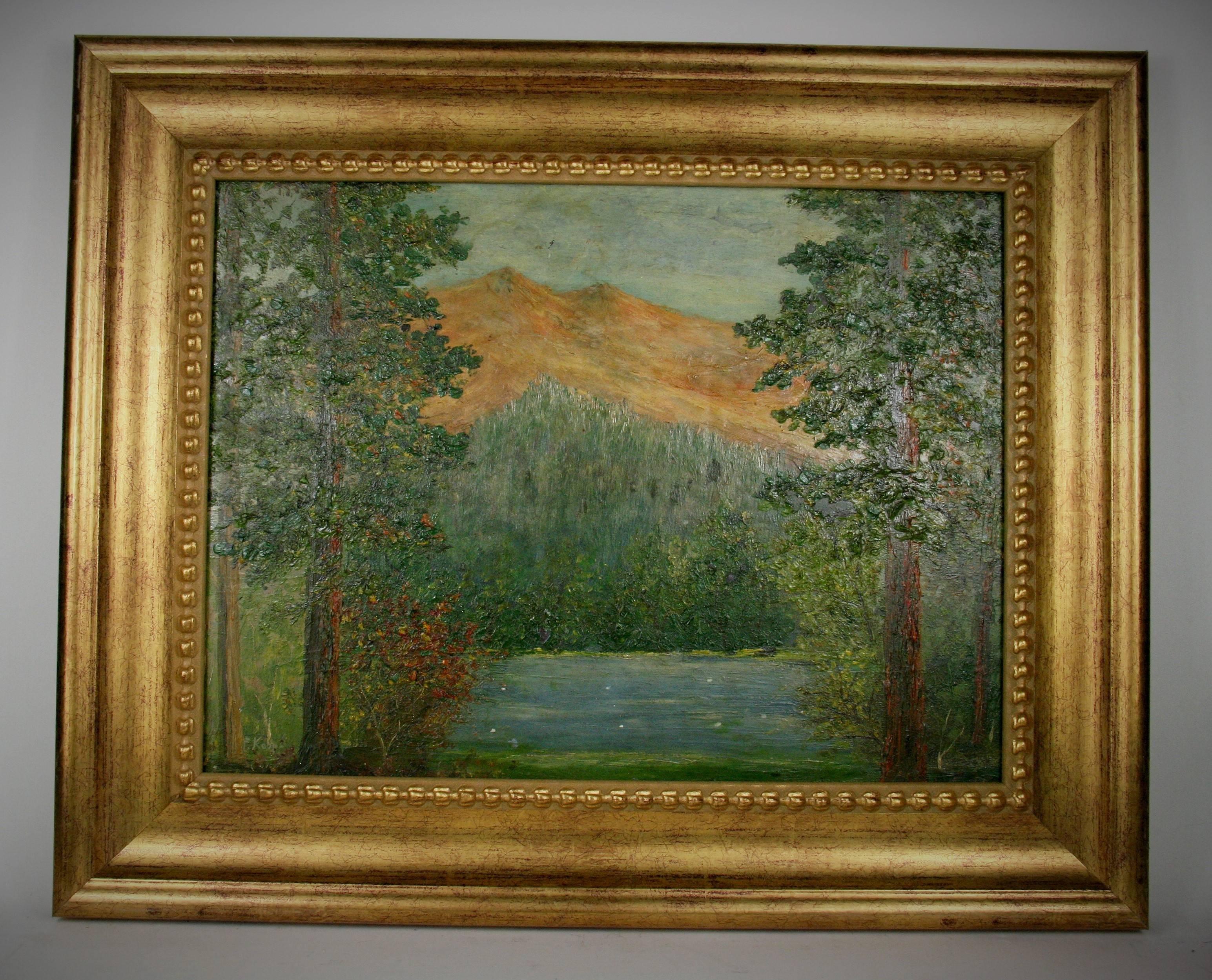 5-2684, impressionist landscape oil painting on masonite by F. Koops set in a 3.5