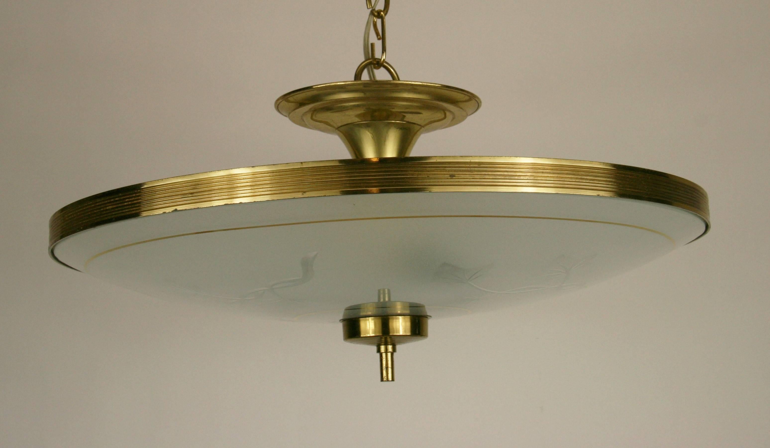 Italian Mid Century Etched glass and Brass Semi Flush Mount/Pendant In Good Condition For Sale In Douglas Manor, NY