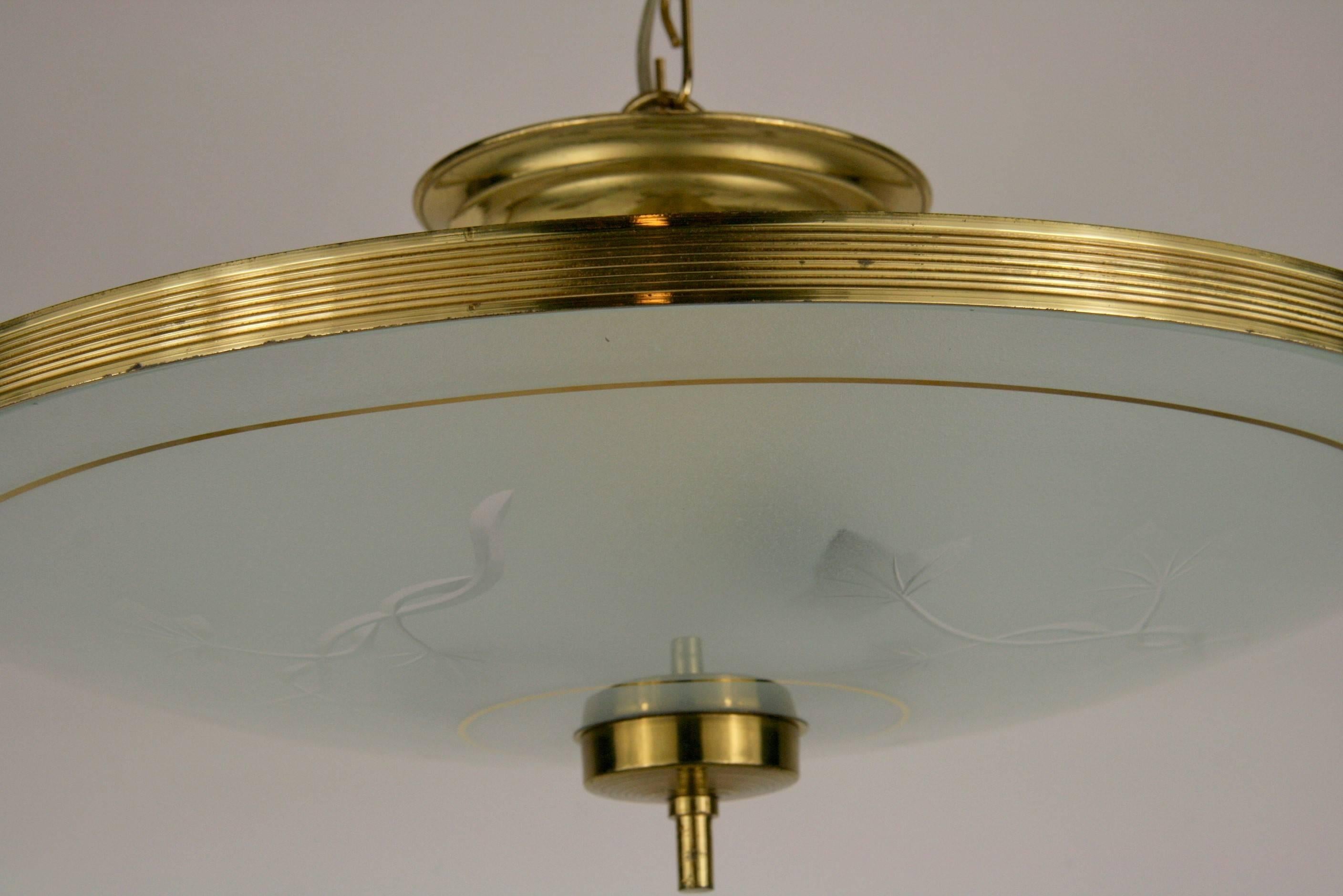 Mid-20th Century Italian Mid Century Etched glass and Brass Semi Flush Mount/Pendant For Sale