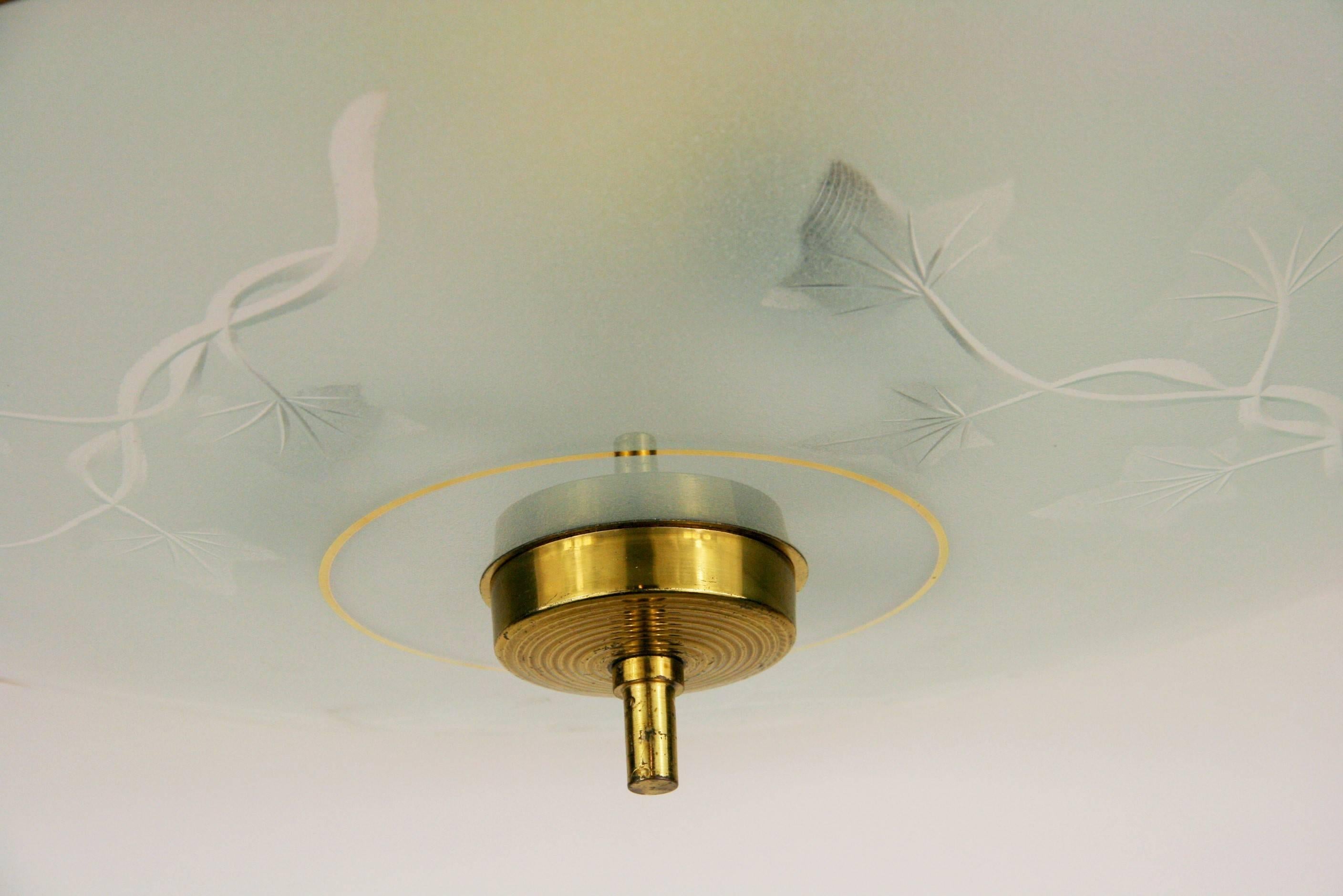 Italian Mid Century Etched glass and Brass Semi Flush Mount/Pendant For Sale 2