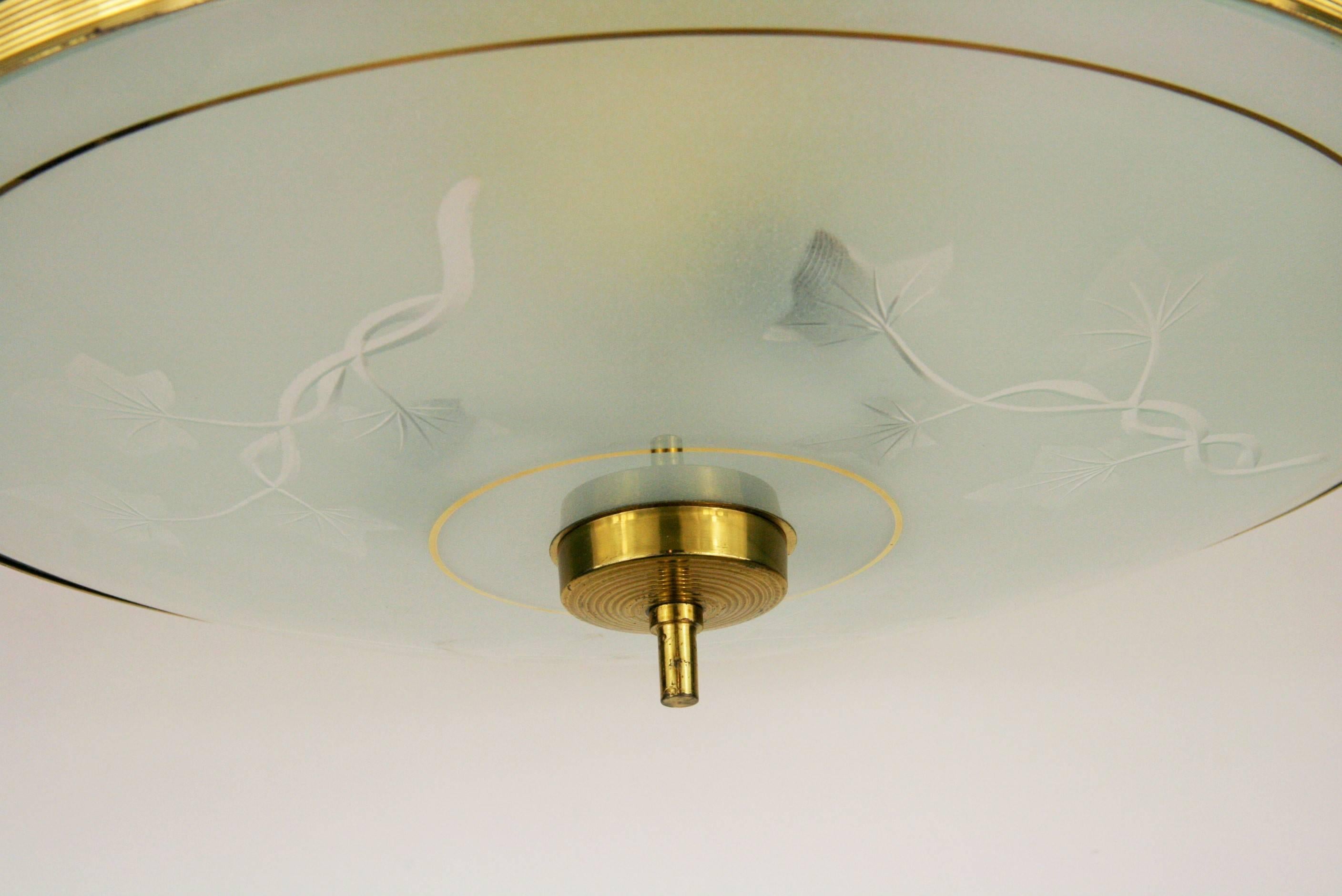 Italian Mid Century Etched glass and Brass Semi Flush Mount/Pendant For Sale 1