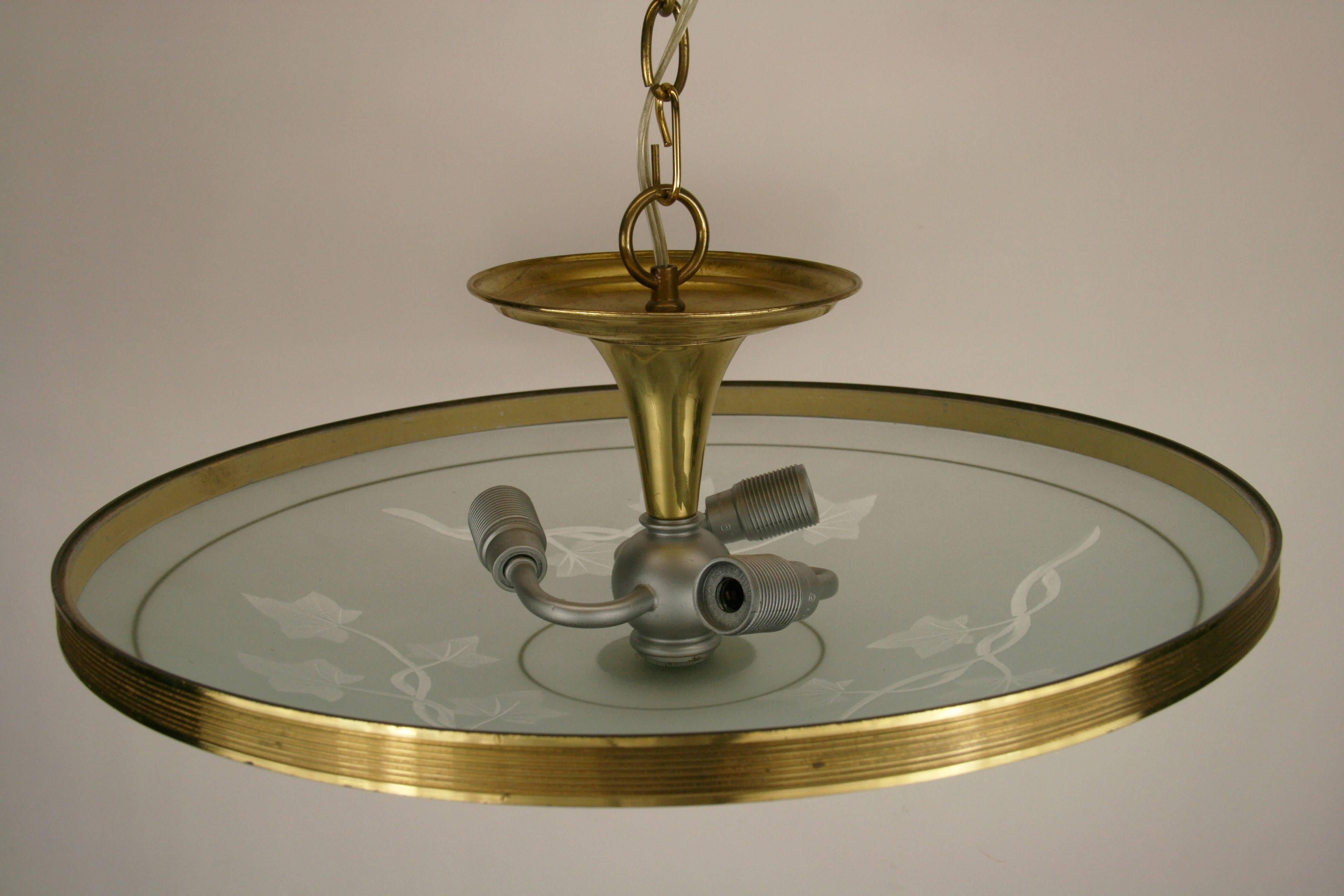 Italian Mid Century Etched glass and Brass Semi Flush Mount/Pendant For Sale 3