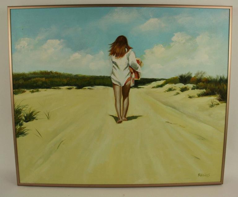 #5-2923, Beach Walking, original contemporary  acrylic on canvas signed by Robbins set in a metal satin  frame.