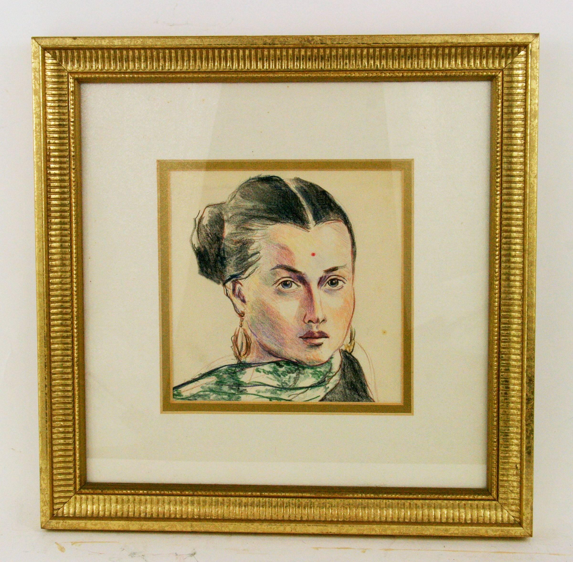 5-2621, a pastel-graphite on paper woman portrait.
Signed lower left by Margot.
Measures: Image size 7.5 H x 5.5 W set in a custom mat and gilt frame.
  
