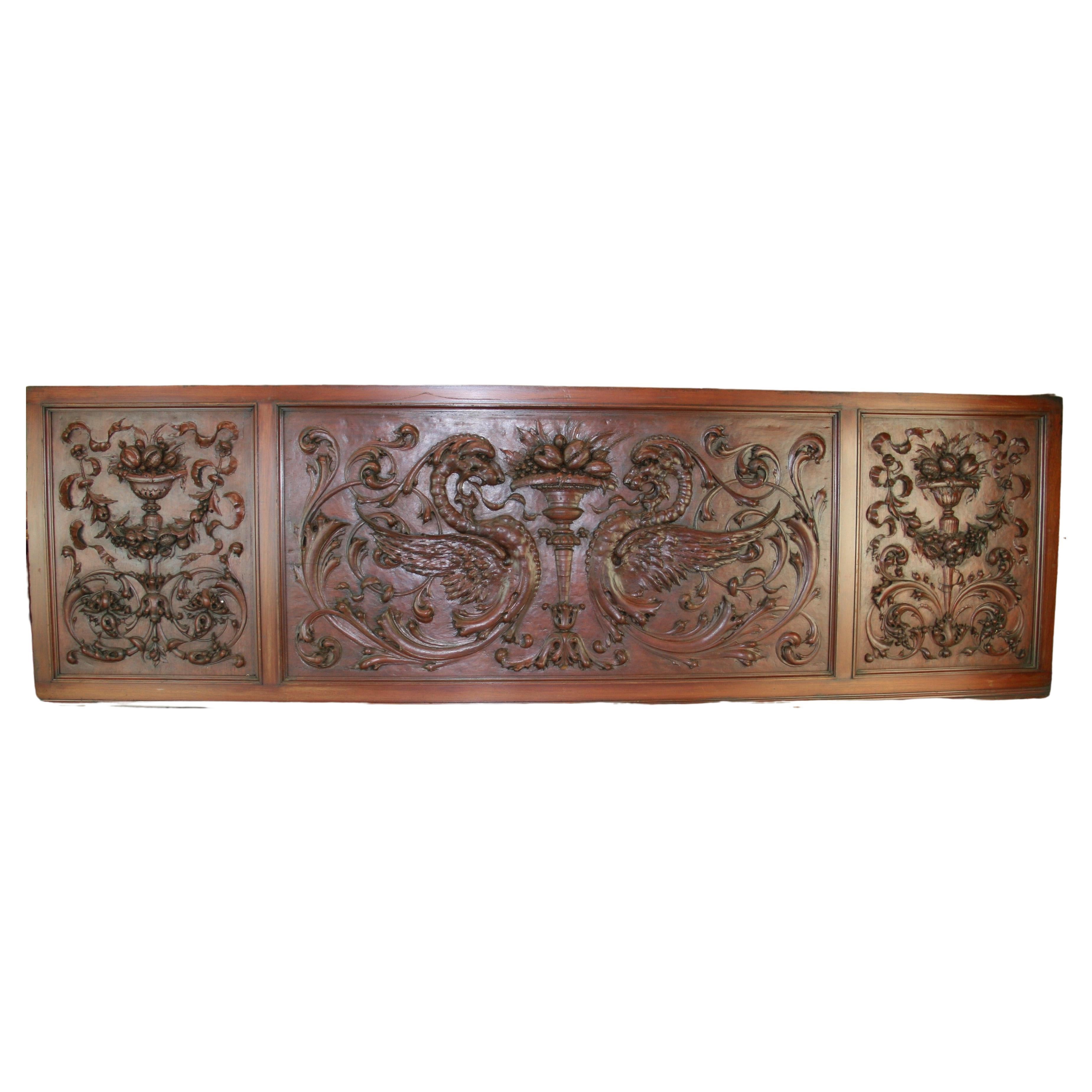  HandCarved Walnut Three Panel Oversized Architectural Element /Headboard 19th C For Sale
