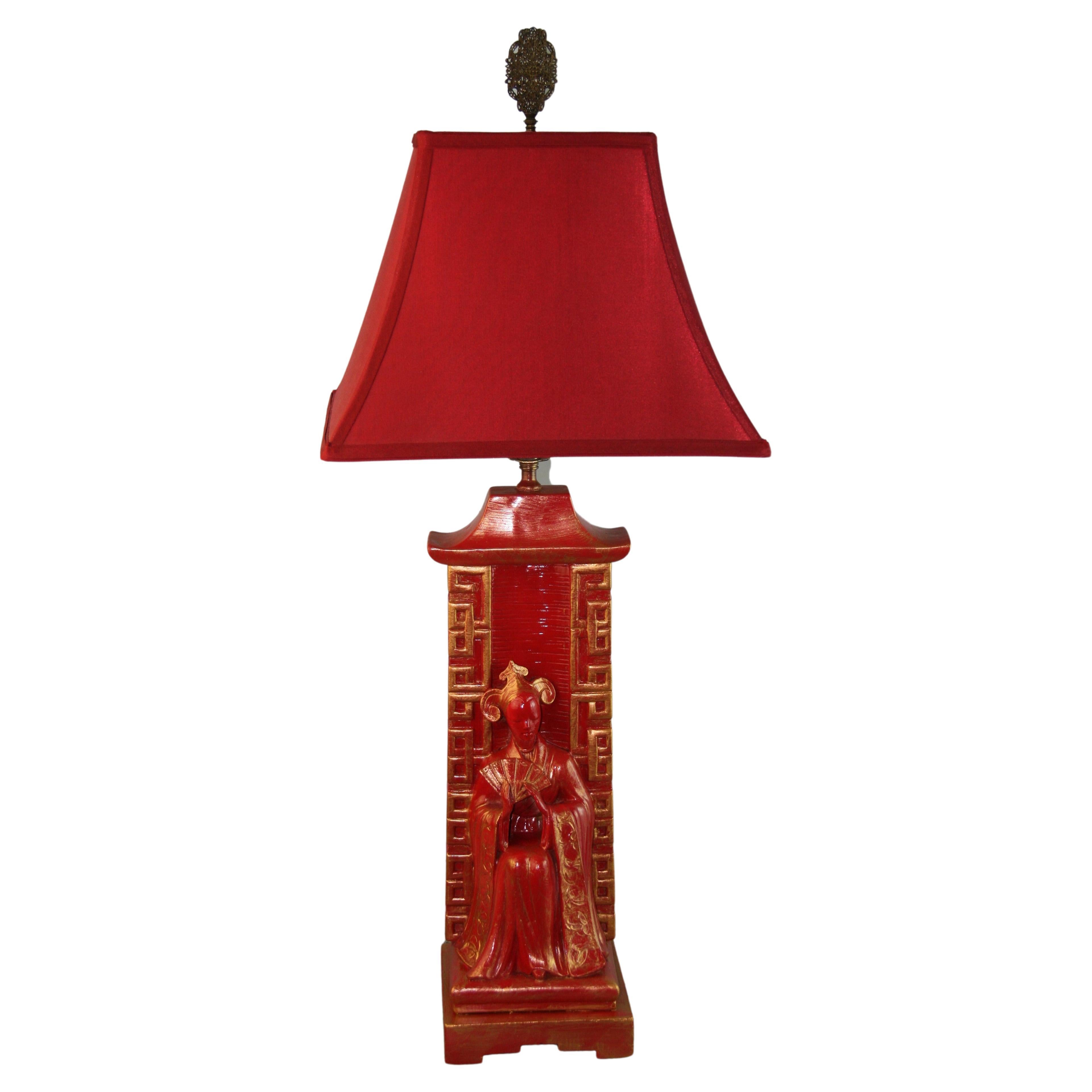 Mid-Century Chinese Red and Gold Figural Table Lamp For Sale