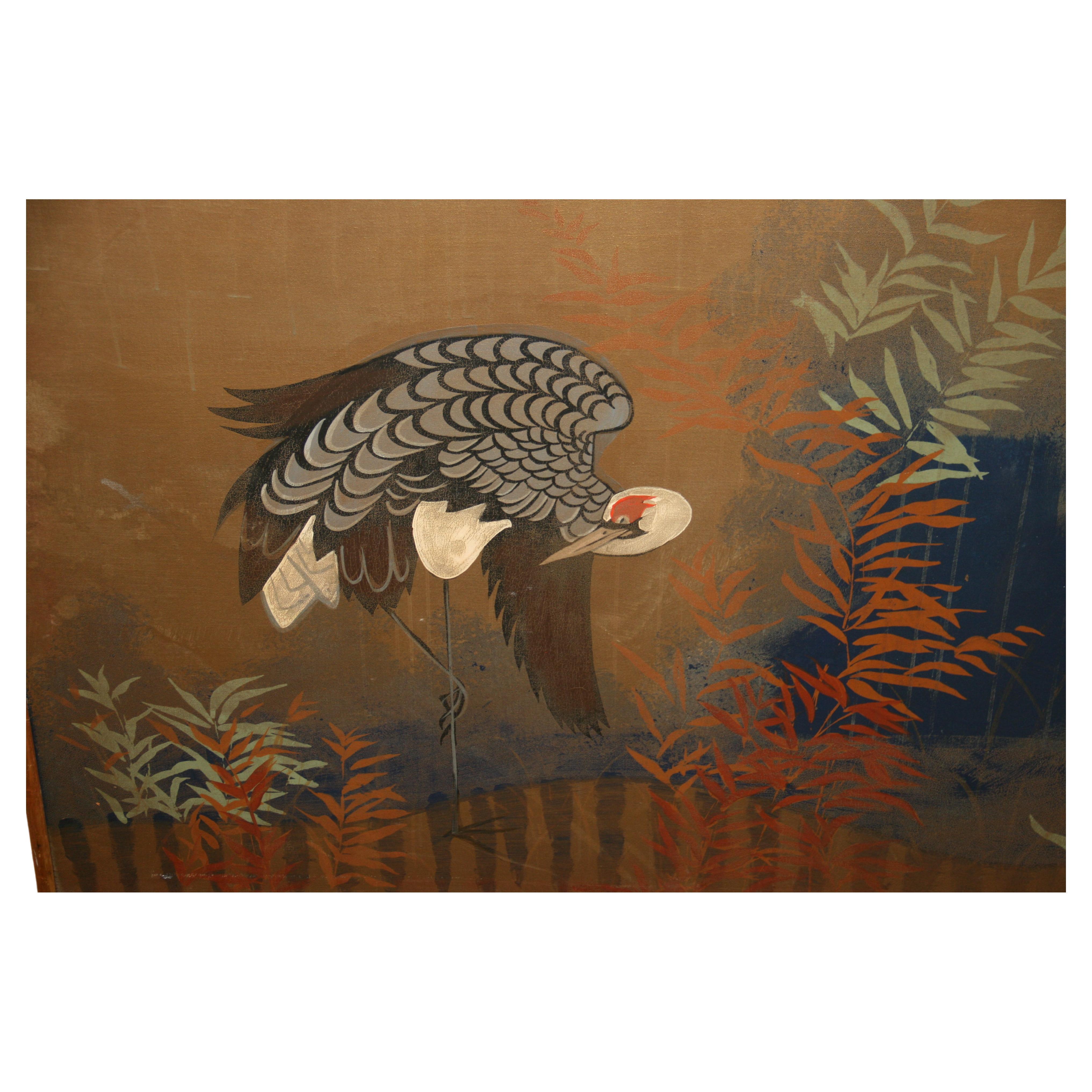 Peinture japonaise/ asiatique d'un paysage à égret surdimensionné, années 1940 en vente