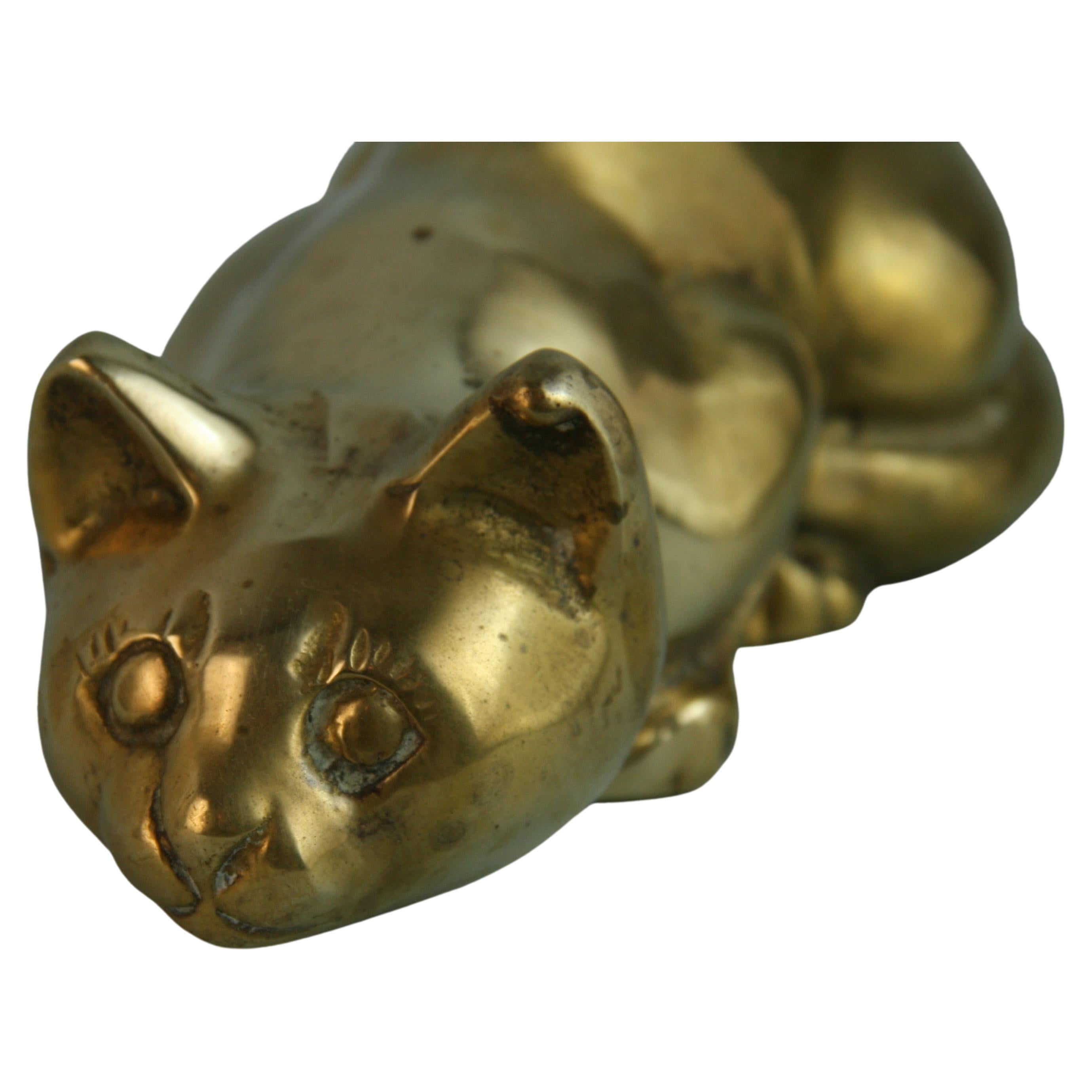 French Crouching Cat Solid Brass Sculpture For Sale
