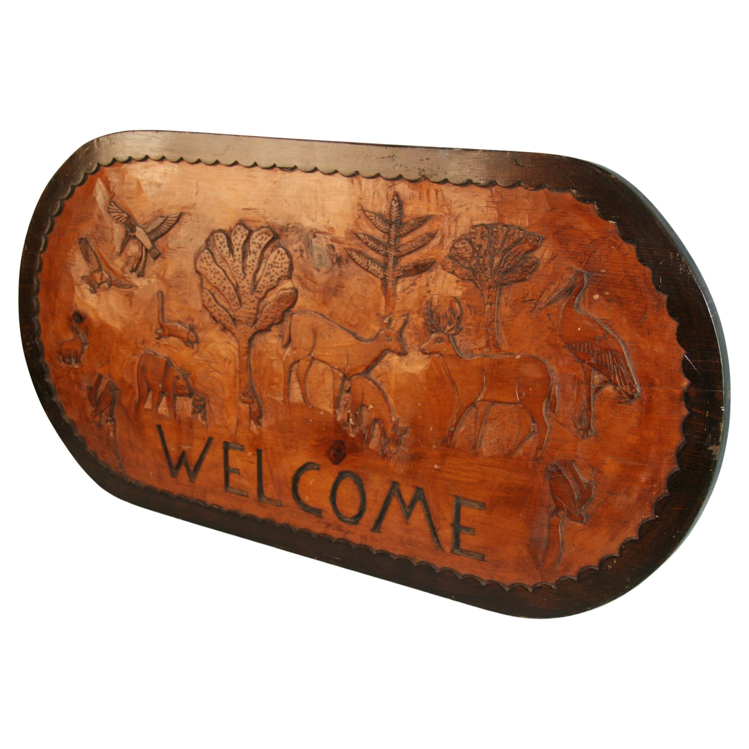 Folk Art Hand Carved Forest Animals Welcome Plaque For Sale