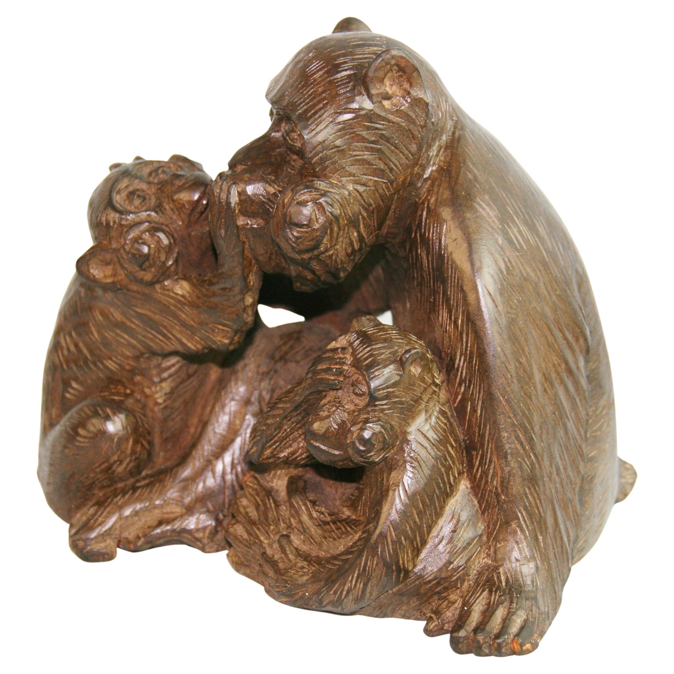 Japanese Hand Carved Monkey Family Sculpture Hear, See and Speak No Emil In Good Condition For Sale In Douglas Manor, NY